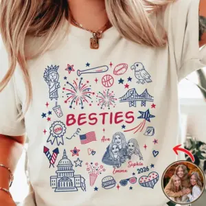 Custom 4th of July Besties Face Line-art T-shirt – Comfort Colors 1717 – Independence Day Gifts – Best Friend Gifts