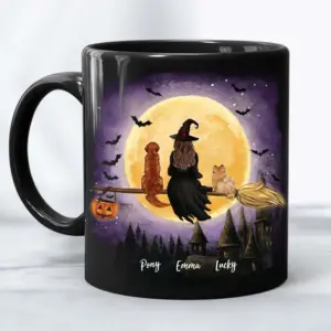 Flying On Broom – Personalized Halloween Mug, Funny Mug For Dog Cat Lovers – Personalized Mug